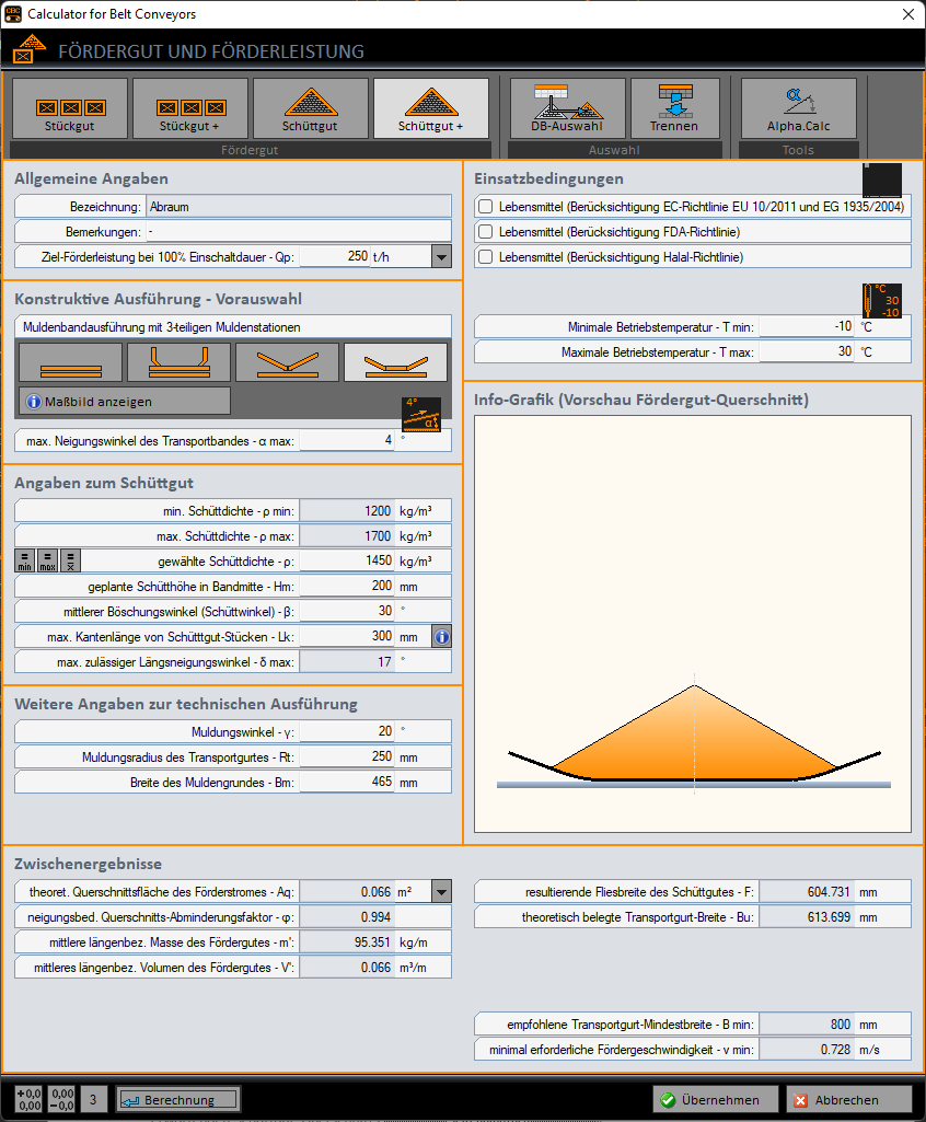 Calculator for Belt Conveyors - Fördergut und Förderleistung für Schüttgüter